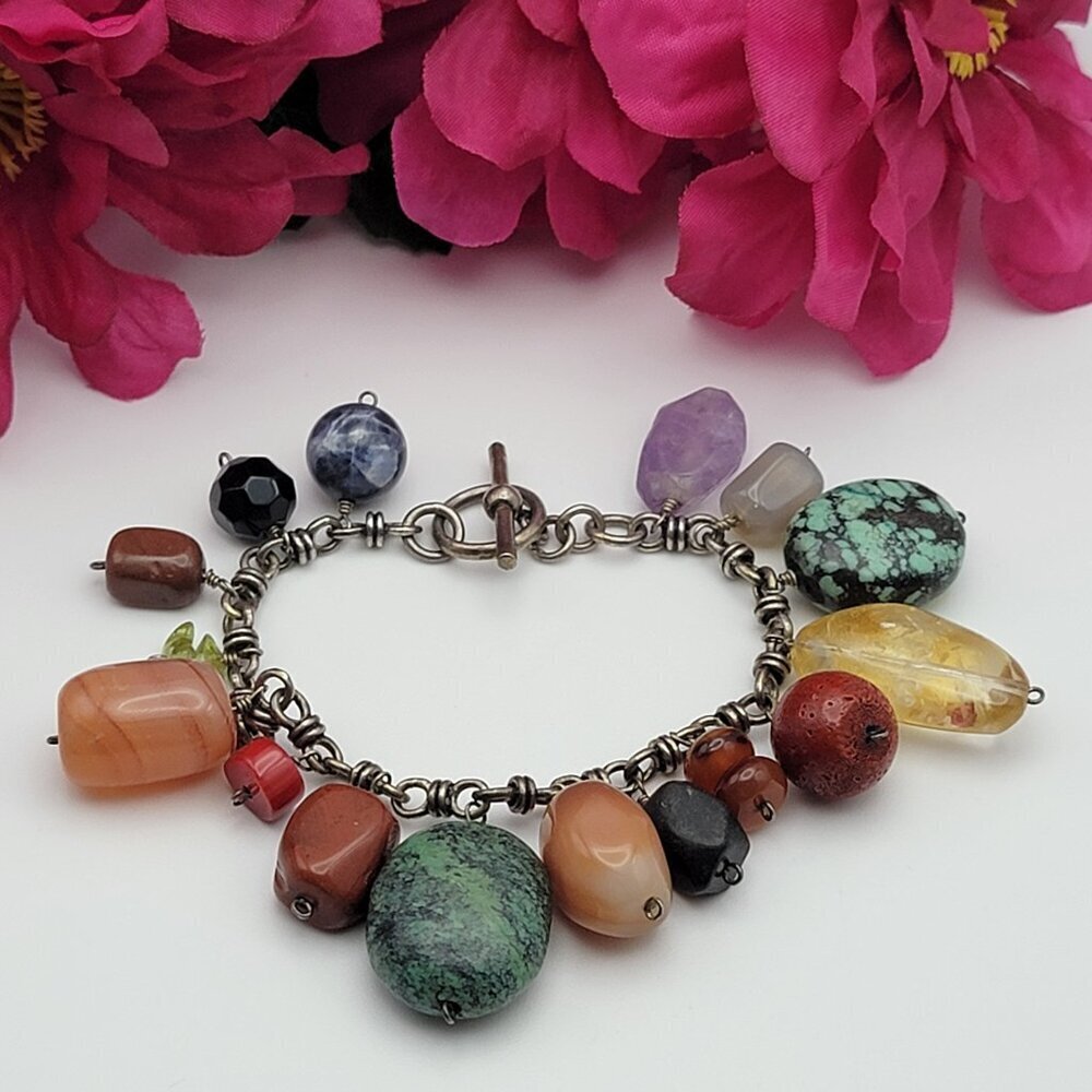 Vintage Multi Gemstone Charm Sterling Silver Toggle Bracelet 7 Inch Cha-Cha